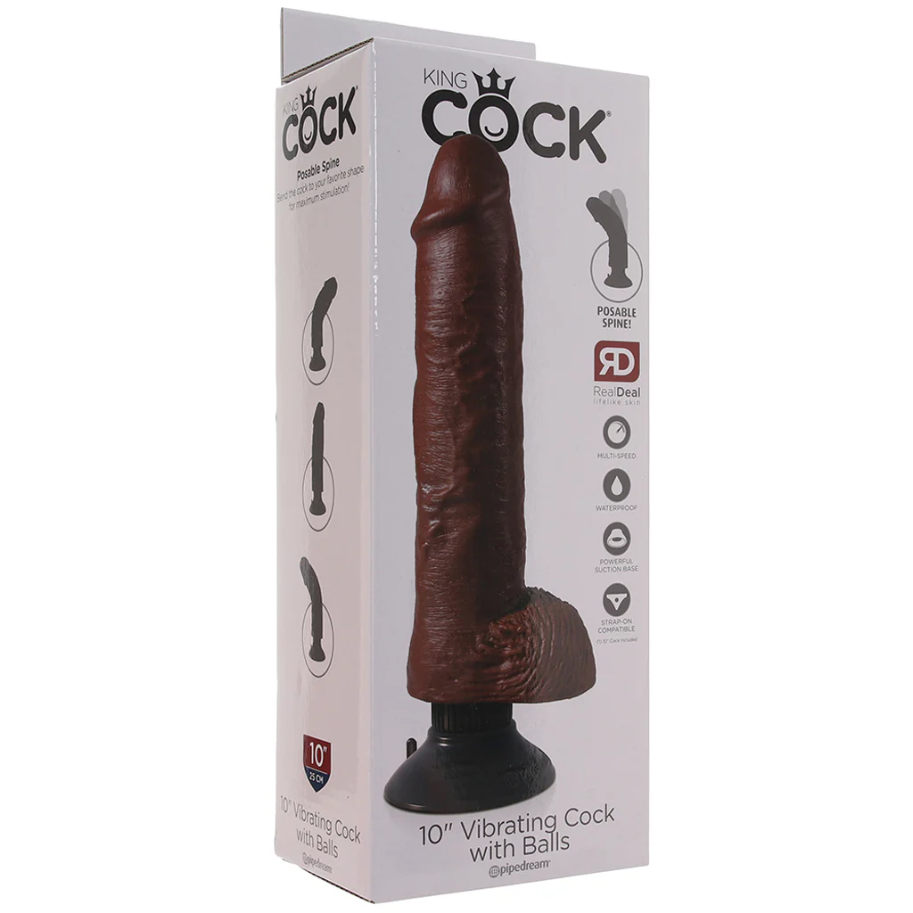 King Cock 10 Inch Vibrating Dildo with Balls in Brown - Image 6