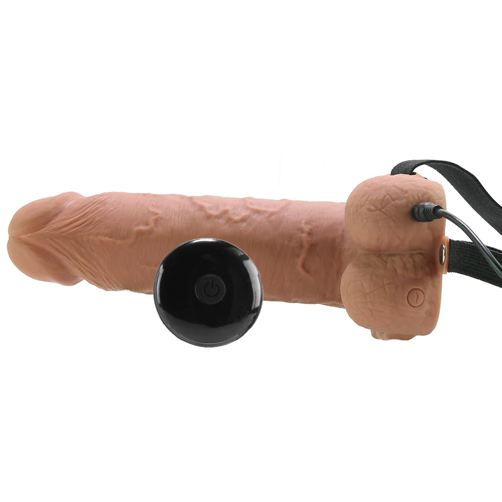 7 Inch Hollow Vibrating Strap-On with Remote in Tan - Image 3