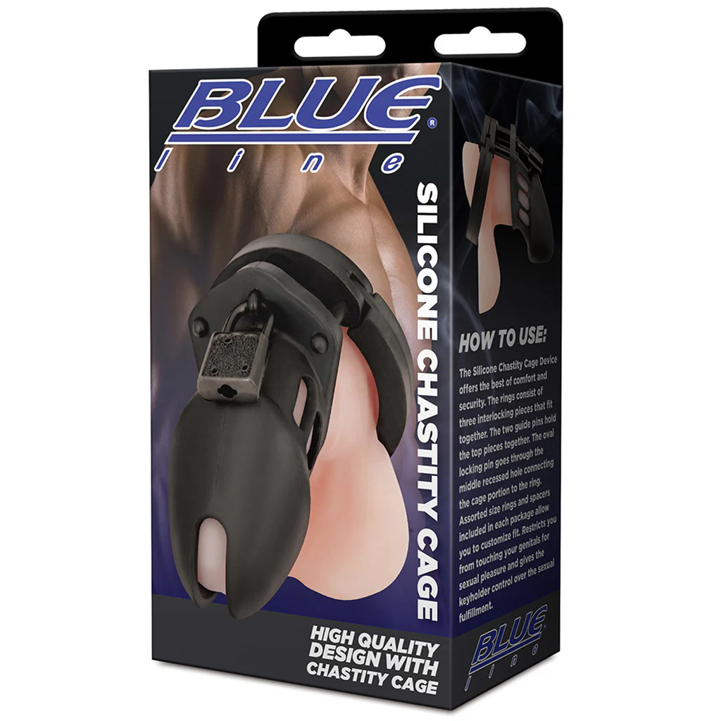 Blue Line Silicone Chastity Cage in Black - Image 9