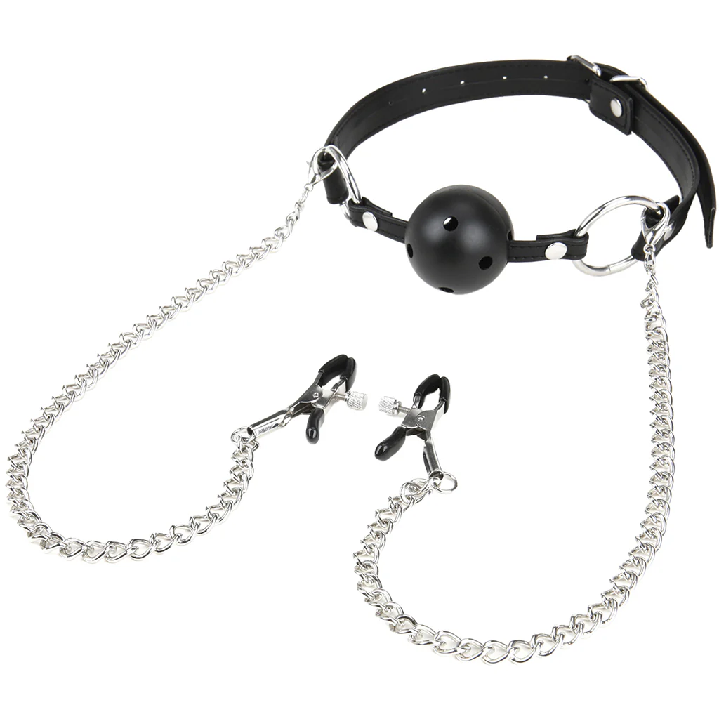 Breathable Ball Gag with Nipple Clamps - Image 6