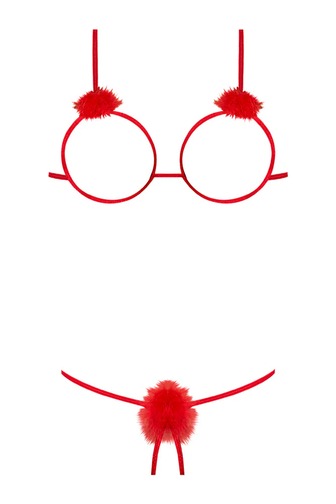 Marabou Red Cupless Bra & Crotchless G-String Set - Image 3