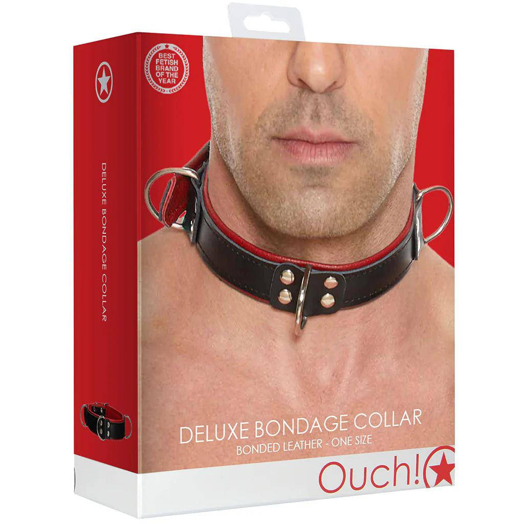 Ouch! Deluxe Bonded Leather Bondage Collar in Red - Image 9