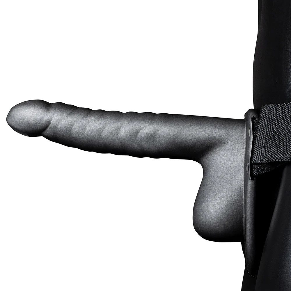 Ouch! Ribbed 8 Inch Hollow Ballsy Strap-On in Gunmetal - Image 2