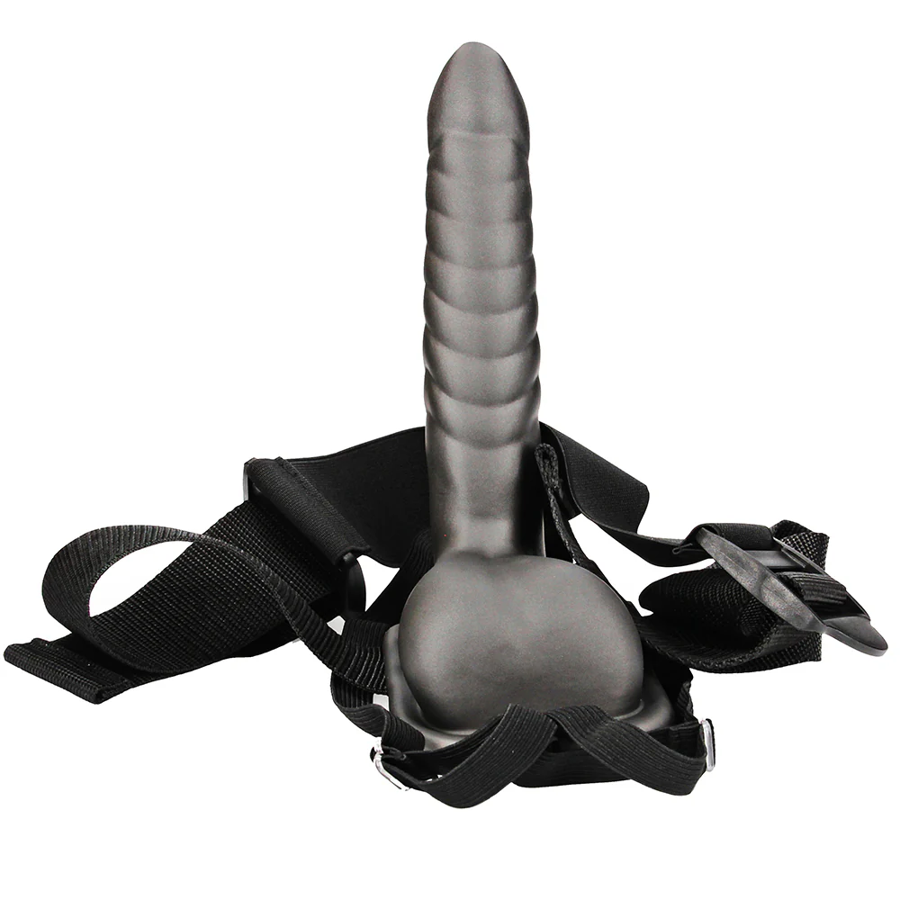 Ouch! Ribbed 8 Inch Hollow Ballsy Strap-On in Gunmetal - Image 3