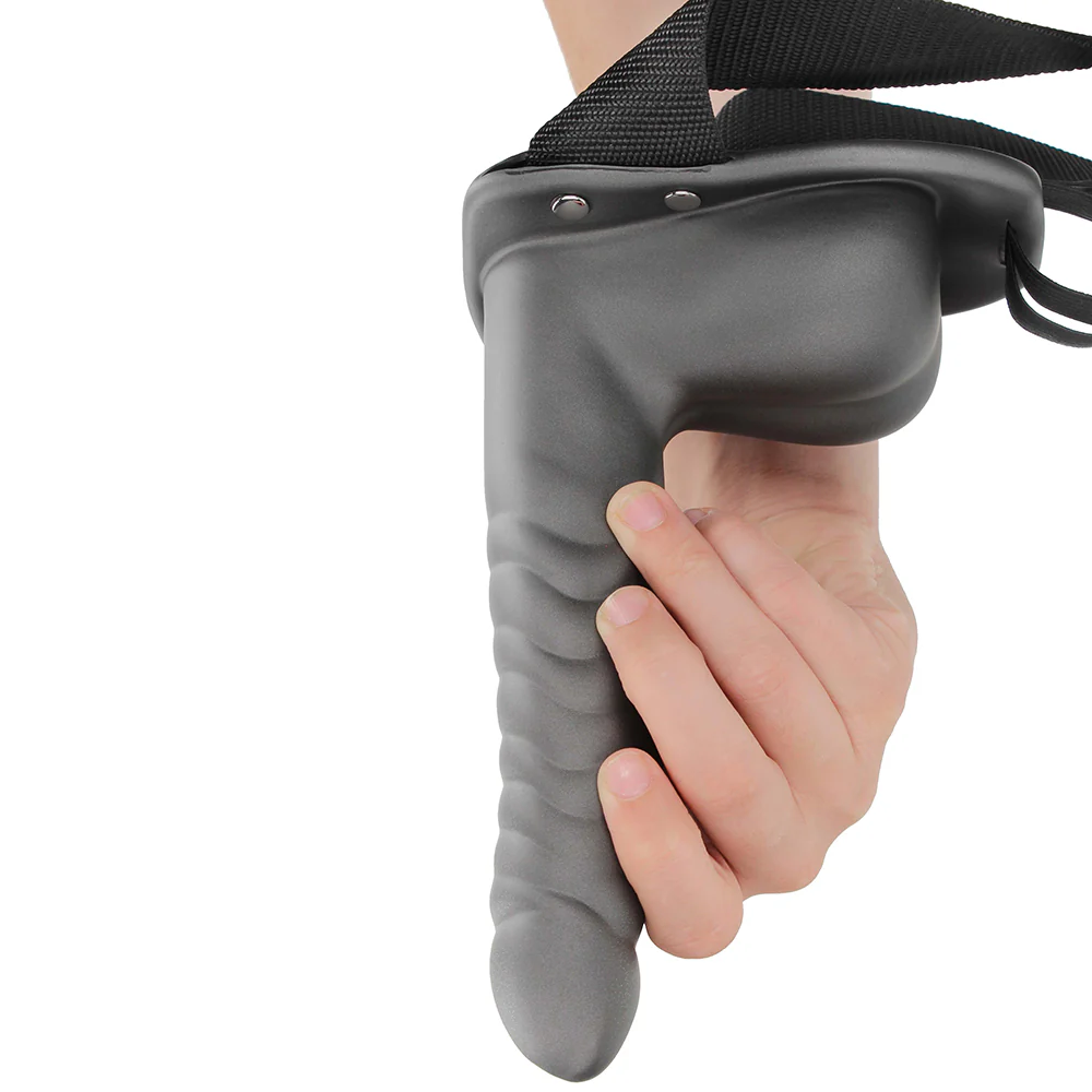 Ouch! Ribbed 8 Inch Hollow Ballsy Strap-On in Gunmetal - Image 4