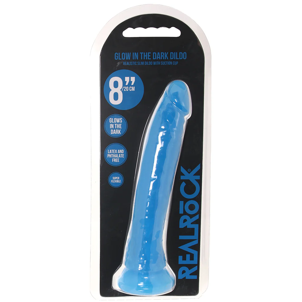 RealRock 8 Inch Glow-in-the-Dark Slim Dildo in Blue - Image 9