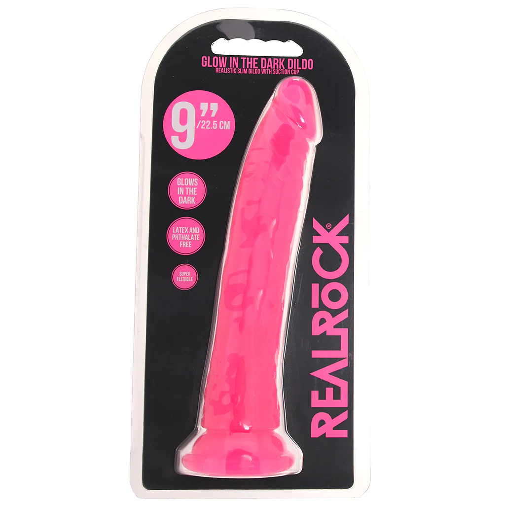 RealRock 9 Inch Glow-in-the-Dark Slim Dildo in Pink - Image 9