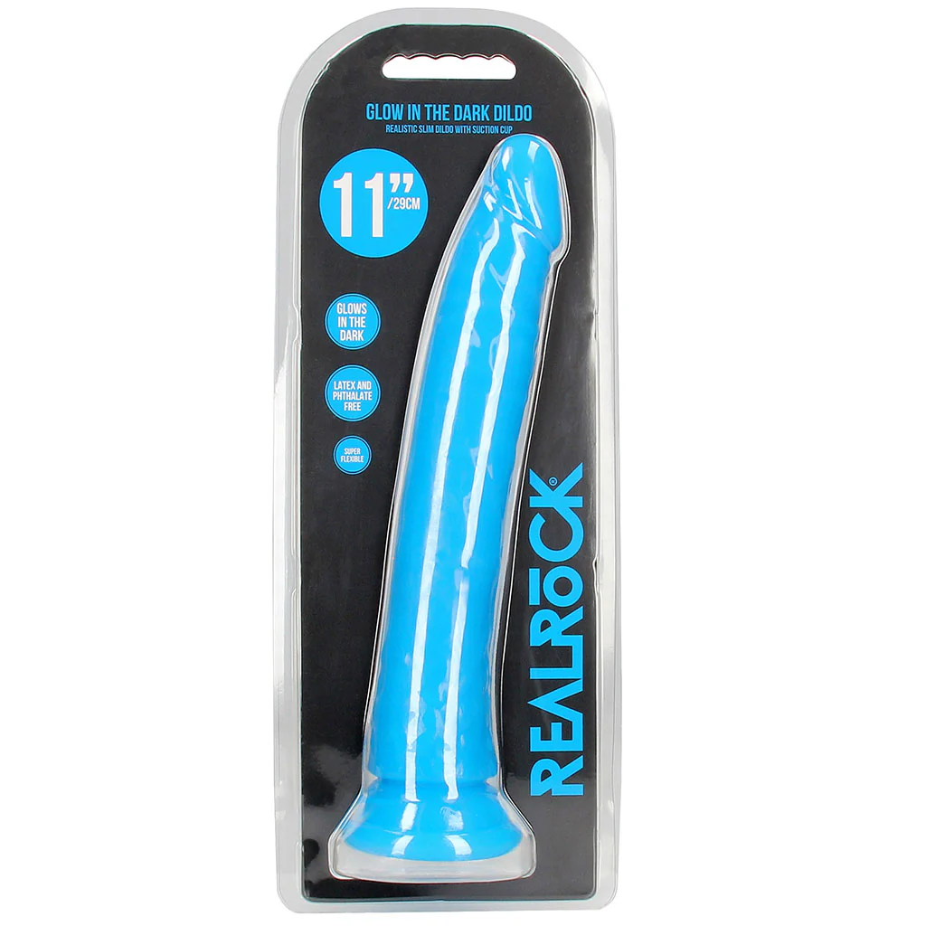 RealRock Glow In The Dark 11 Inch Slim Dildo in Blue - Image 9