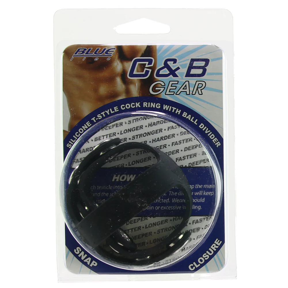 Blue Line Silicone T-style Cock Ring With Ball Divider - Image 6